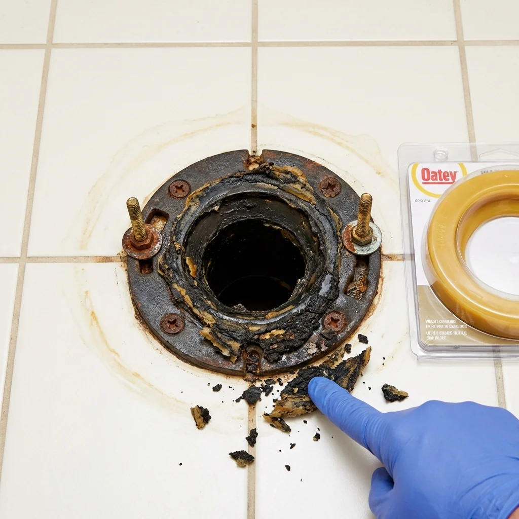 Failed wax ring showing water seepage at the base of a toilet in a Elwood, NJ home