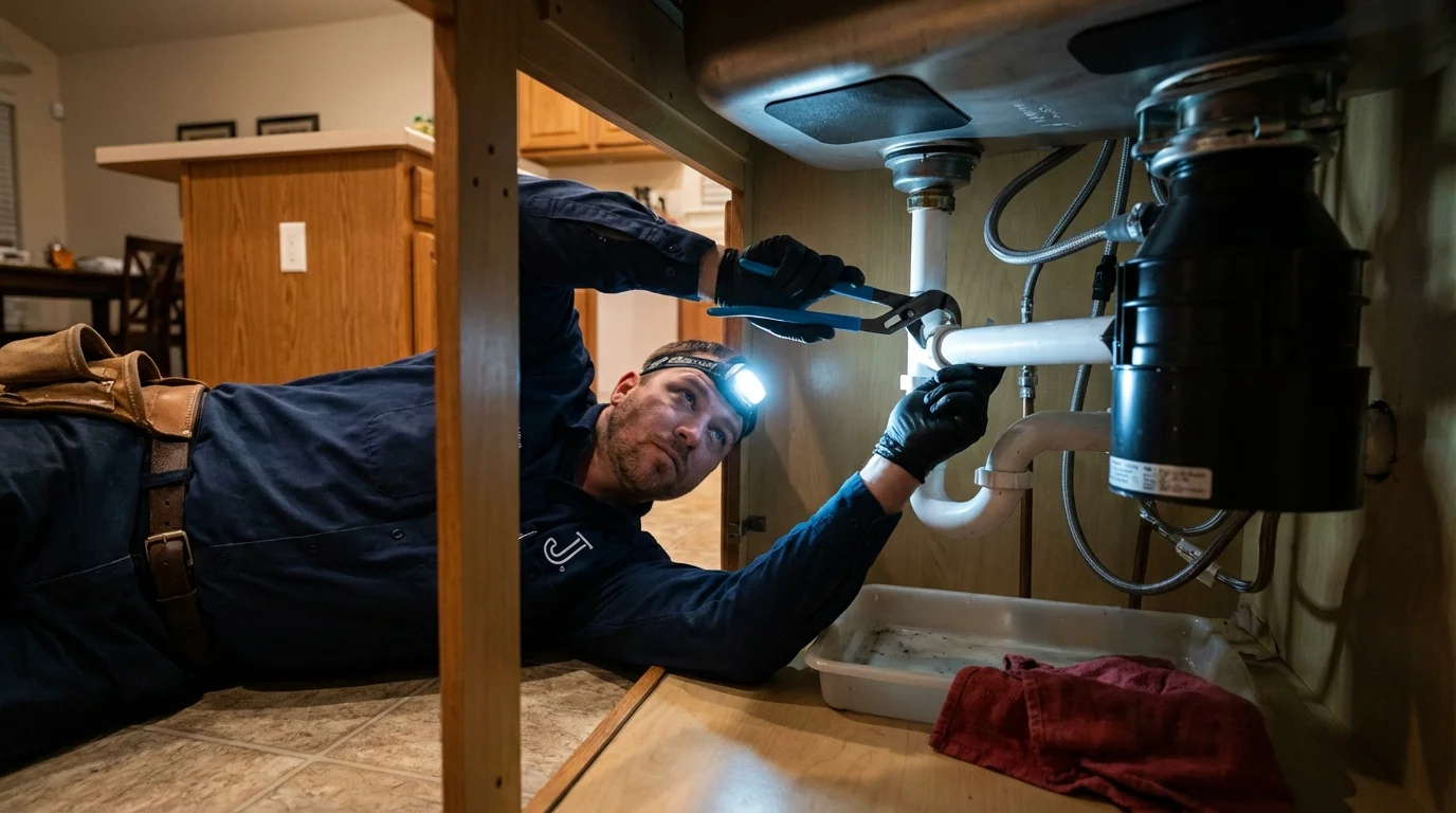 P-trap and supply line connections under a kitchen sink showing a common leak point in Elwood, NJ